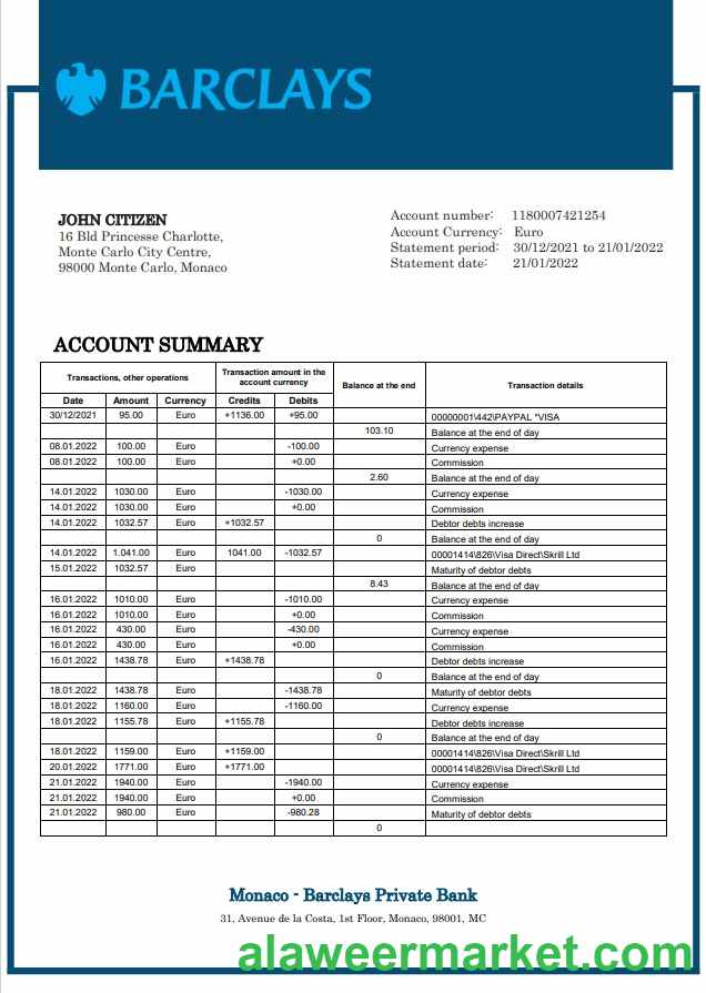 Monaco Barclays Private Bank statement